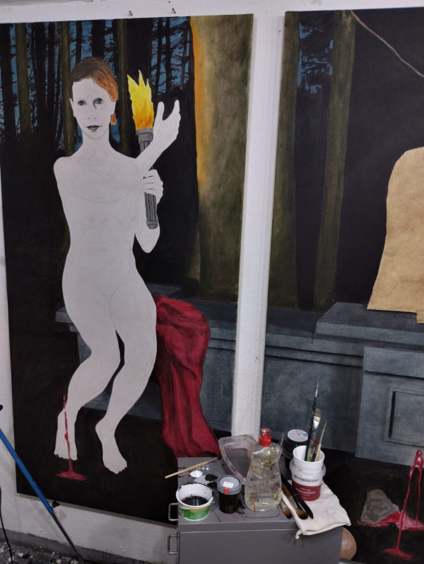 Începutul primului strat de vopsea al figurii din stânga/First layer of paint - left side figure