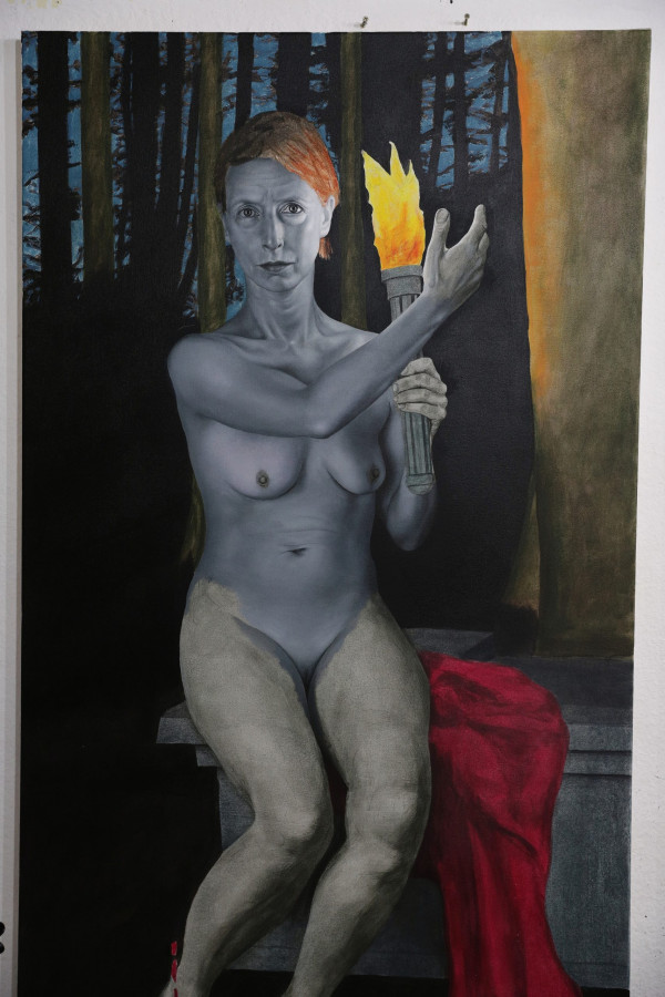Pictură în grisaille a figurii din stânga/Grisaille underpainting - left side figure