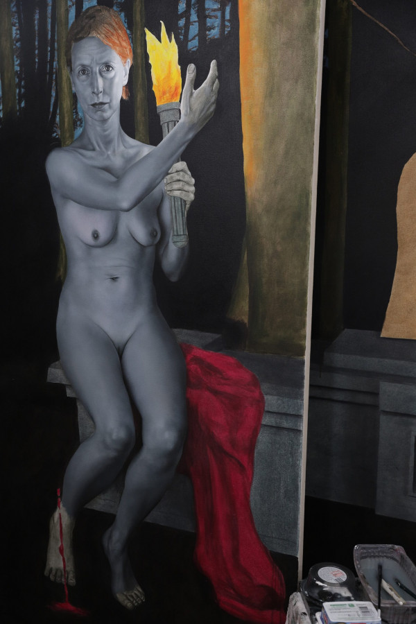 Pictură în grisaille a figurii din stânga/Grisaille underpainting - left side figure